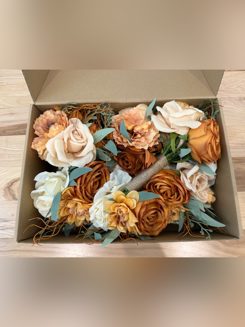 Set of 6 Rustic Burnt Orange & Ivory Artificial Wedding Bouquets